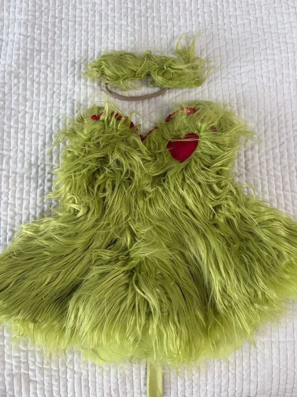 Girls Green Christmas Monster Costume Furry Dress Headband Holiday 3T-4T